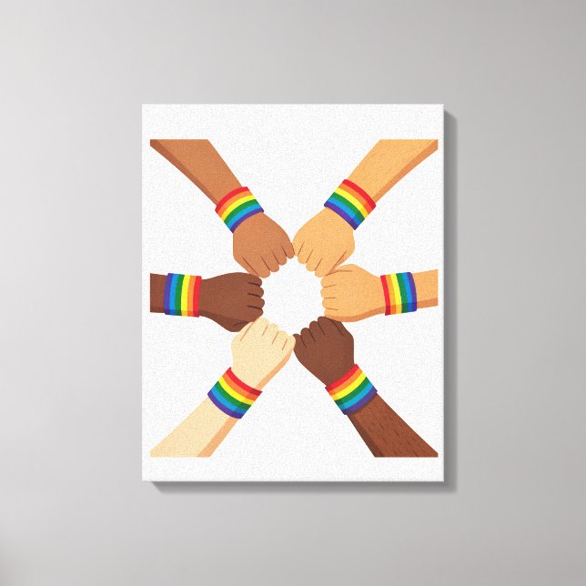 Lienzo Círculo de unidad LGBTQIA+ con pulseras de arcoíri (Anverso)