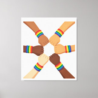 Lienzo Círculo de unidad LGBTQIA+ con pulseras de arcoíri