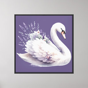 Lienzo Cisne de Acuarela con Florales de Lavanda