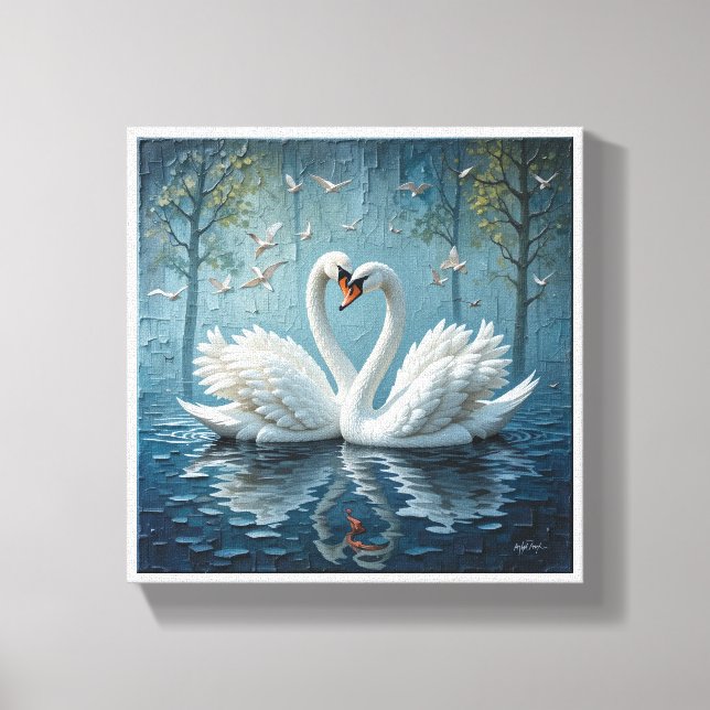 Lienzo cisnes blancos en el lago (Anverso)