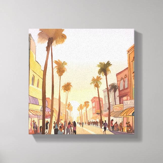 Lienzo Ciudad Costera de Sunset | Acuarela costera de árb (Anverso)