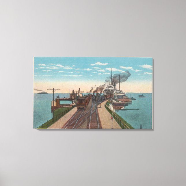Lienzo Ciudad de Mackinaw, MI - Vista de los puertos de f (Anverso)