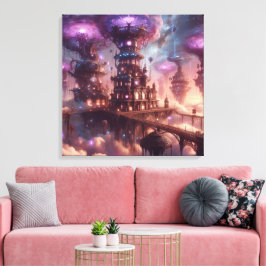 Lienzo Ciudad de Steampunk con fantasía morada