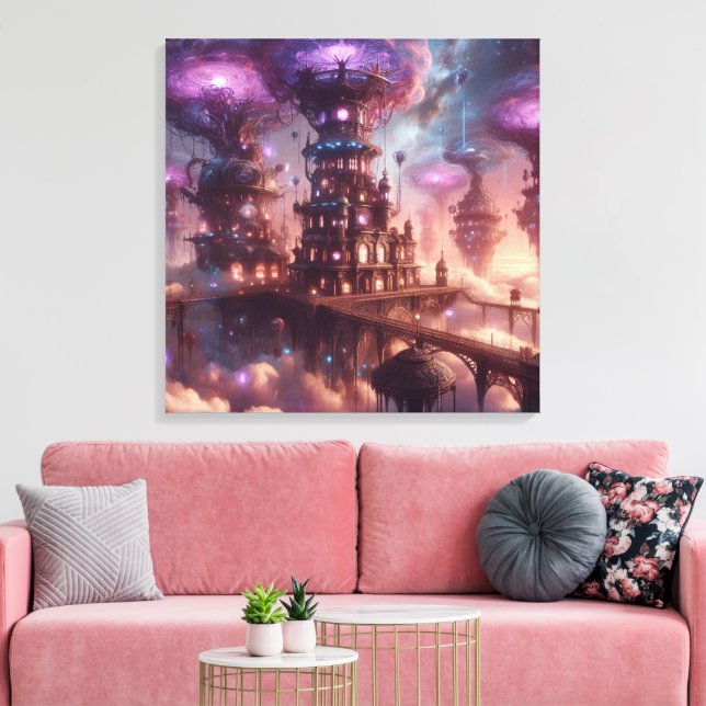 Lienzo Ciudad de Steampunk con fantasía morada (Insitu (Sala de estar))