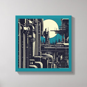 Lienzo Ciudad Futurista SF Grabado en Madera 2
