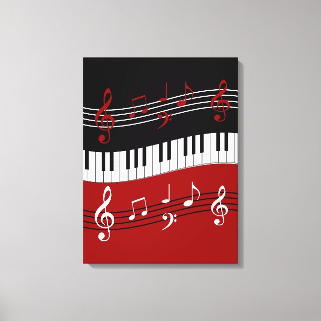 Lienzo Claves y notas de piano blanco rojo y negro elegan (Anverso)