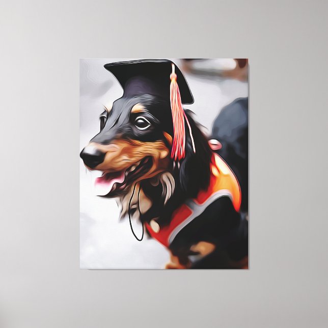 Lienzo Close Up Of Dachshund Dog Wearing Graduation Hat P (Anverso)
