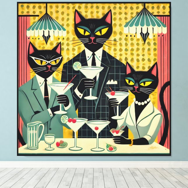 Lienzo Club Retro Futurista Black Cat Martini (Insitu (piso de madera))