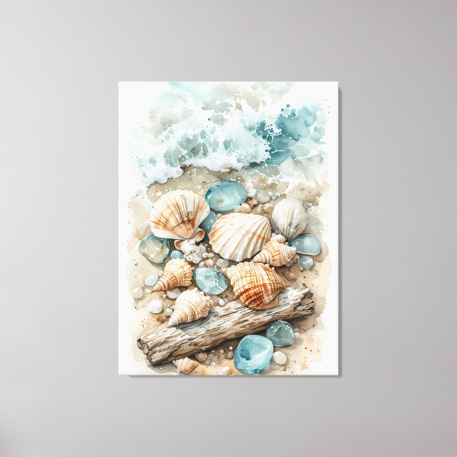 Lienzo Coastal Seashell Watercolor Driftwood Scene (Anverso)