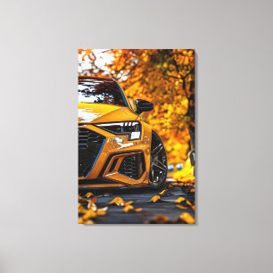 Lienzo Coche Amarillo Atractivo en Paisaje de Otoño