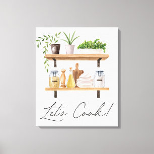 Lienzo Cocina de Acuarela Utensilios y Plantas de Interio