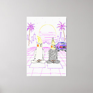 Lienzo "Cockatiels Vaporwave Atardecer Retro en Lienzo"