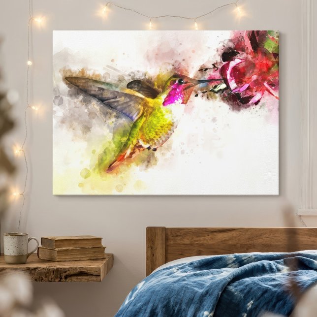 Lienzo Colibrí alimentándose de flor rosa Acuarela (Hummingbird Feeding on Pink Flower Watercolor. Canvas Print )