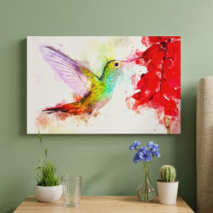 Lienzo Colibrí en acuarela alimentándose de una flor roja