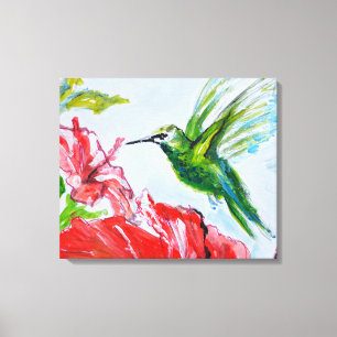 Lienzo Colibrí verde y hibisco rojo