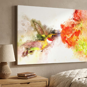 Lienzo Colibrí volando con flor acuarela - 05