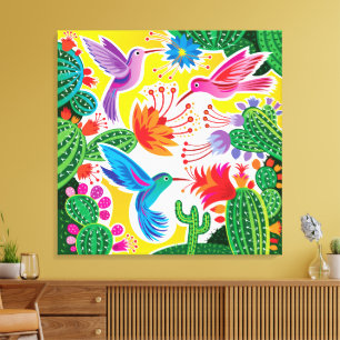 Lienzo Colibríes y Cactus en Flor