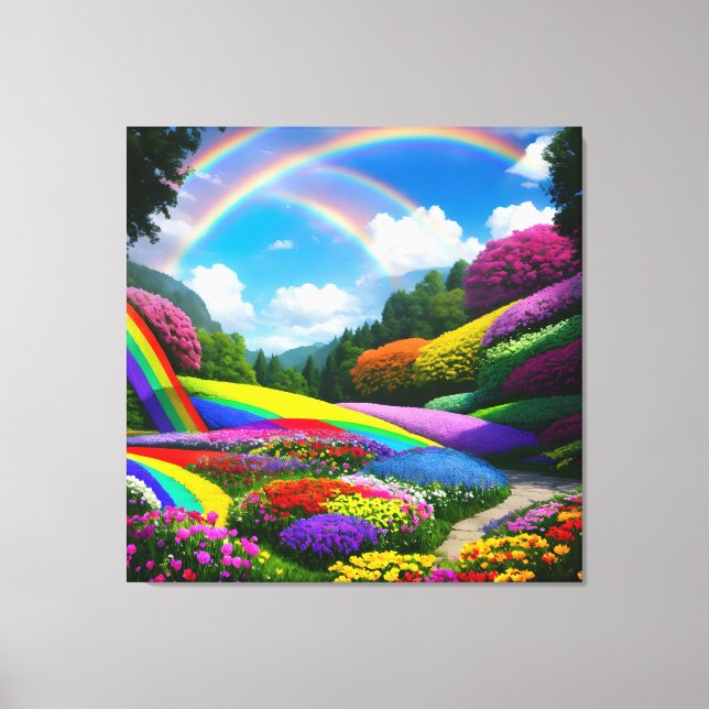 Lienzo Colinas arcoiris y flores dos (Anverso)