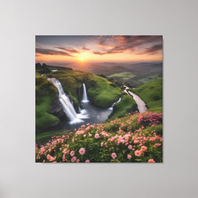 Lienzo Colinas onduladas de flores en cascadas de sol (Anverso)
