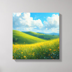 Lienzo Colinas verdes vibrantes y paisaje de flores amari