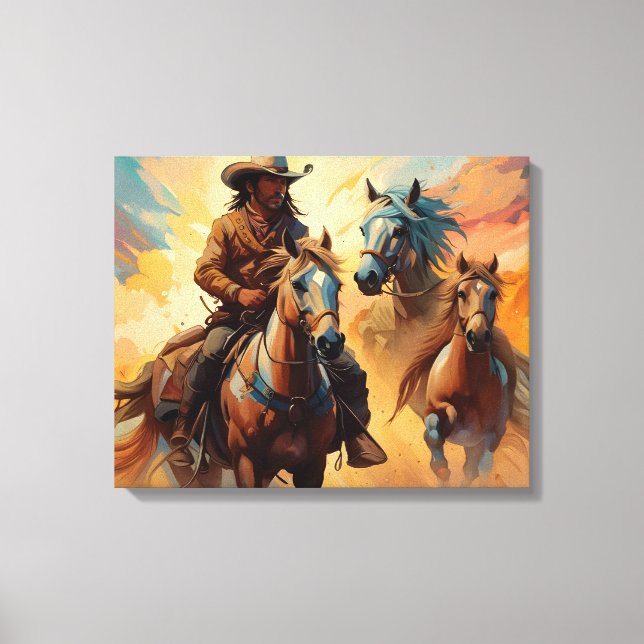 Lienzo Collage azul de Tan de Cowboy Western Horses (Anverso)