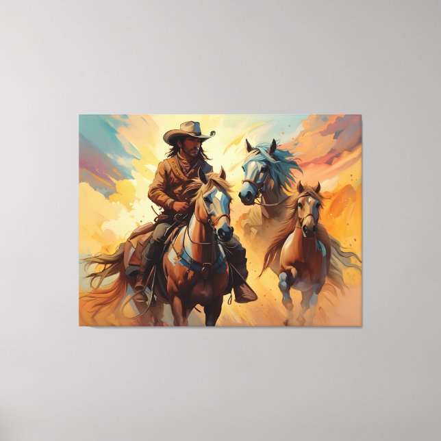 Lienzo Collage azul de Tan de Cowboy Western Horses (Anverso)