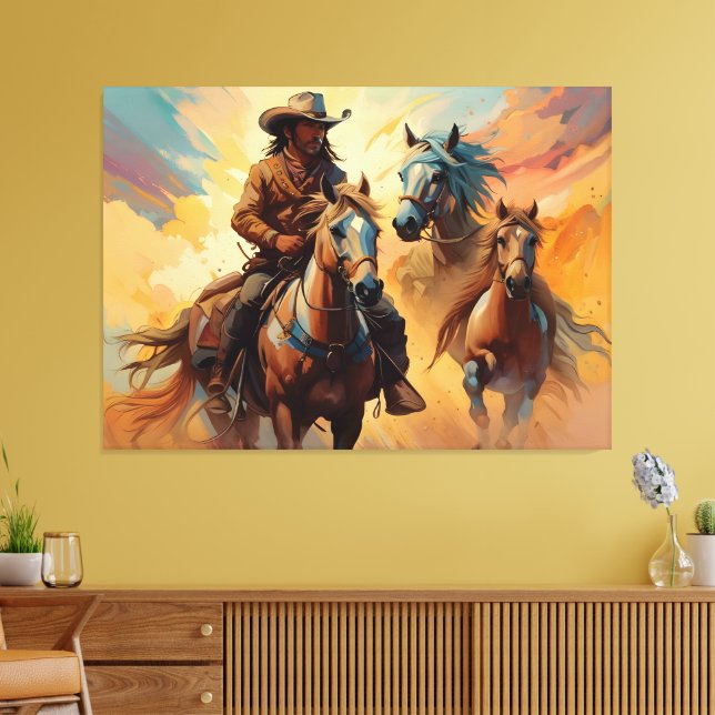 Lienzo Collage azul de Tan de Cowboy Western Horses (Insitu (Sala de estar))