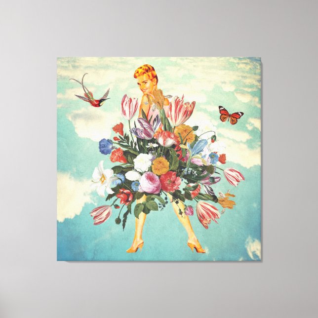 Lienzo Collage Blonde Chica Bouquet & Sky Retro (Anverso)