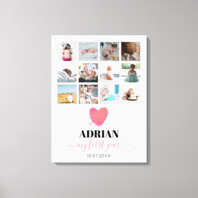 Lienzo Collage de fotos de primer año del bebé acuarela (Anverso)