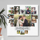 Lienzo Collage de fotos familiar Corazón 17 imágenes Nomb<br><div class="desc">Muestra a tu familia o recuerdos bodas con esta hermosa imagen colgante estirada en blanco y gris con tus fotos en forma de corazón. Este bonito diseño incluye 17 fotografías: 9 horizontales, 2 verticales y 6 de Instagram. Tus fotos se ajustarán automáticamente para hacer la forma del corazón (por ejemplo:...</div>