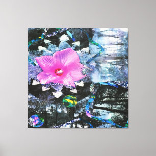 Lienzo Collage de paisaje en negro y blanco con hibisco r