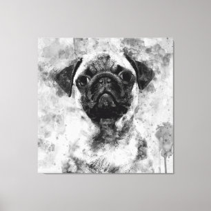 Lienzo Color de agua blanco y negro del perro de pug 01