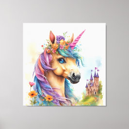 Lienzo Colores de agua de unicornio con Castillo y Flores