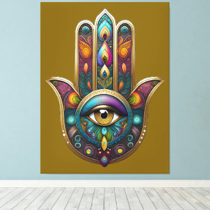 Lienzo Colores de Pavo Real Hamsa con Tercer Ojo de Oro