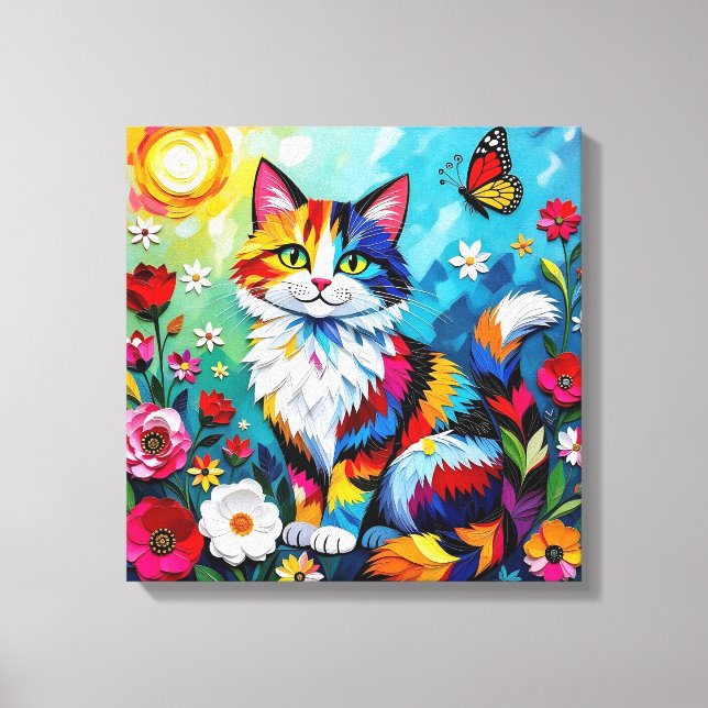 Lienzo Colorful Cat and Butterfly (Anverso)
