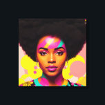 Lienzo Colorida Mujer Negra Afro Pop Art<br><div class="desc">Esta obra de arte pop presenta a una hermosa mujer negra con una gran afro, estética de los años 70 con un poco de flor y aretes de aro. Una vibrante belleza melanina con cabello natural en una atrevida pieza de arte digital multicolor. El color cian, magenta rosa y amarillo...</div>