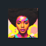 Lienzo Colorida Mujer Negra Afro Pop Art<br><div class="desc">Esta obra de arte pop presenta a una hermosa mujer negra con una gran afro, estética de los años 70 con un poco de flor y aretes de aro. Una vibrante belleza melanina con cabello natural en una atrevida pieza de arte digital multicolor. El color cian, magenta rosa y amarillo...</div>