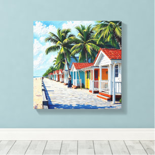 Lienzo Coloridas Cabañas Tropicales Vibrantes de Playa