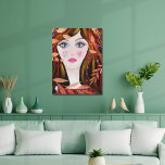 Lienzo Colorido y caprichoso cuadro de la cara de Lady Le<br><div class="desc">Un cuadro colorido y luminoso de un chica caprichoso con ojos grandes y pelo negro con toques rojos y amarillos. Los motivos de la hoja,  la estrella y el corazón completan la imagen.</div>