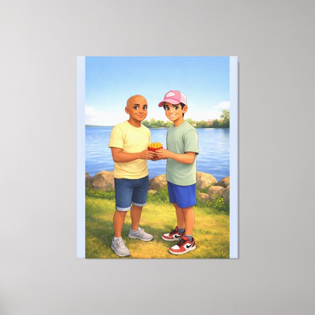 Lienzo Compartiendo patatas fritas junto al lago (Anverso)