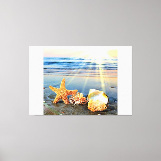 Lienzo conchas de mar y estrellas de mar en la playa (Anverso)