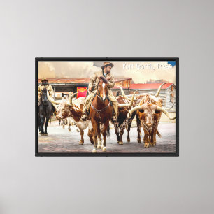 Lienzo Conducción de ganado, Longhorns y vaqueros, Fort W