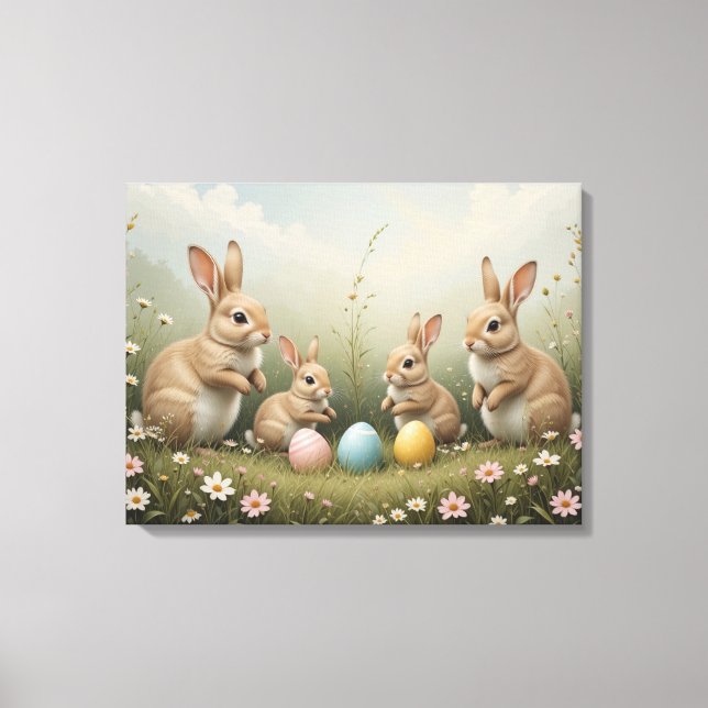 Lienzo Conejos de Pascua caprichosos en pradera Pastel rú (Anverso)