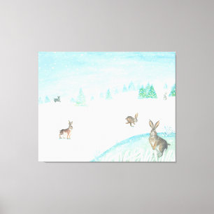Lienzo Conejos sentados y saltando de nieve