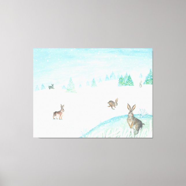 Lienzo Conejos sentados y saltando de nieve (Anverso)
