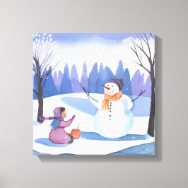 Lienzo Construyamos un muñeco de nieve | Pintura de invie