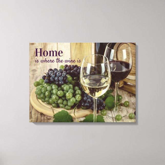 Lienzo Copas de vino tinto y blanco rústicas uvas barril (Anverso)