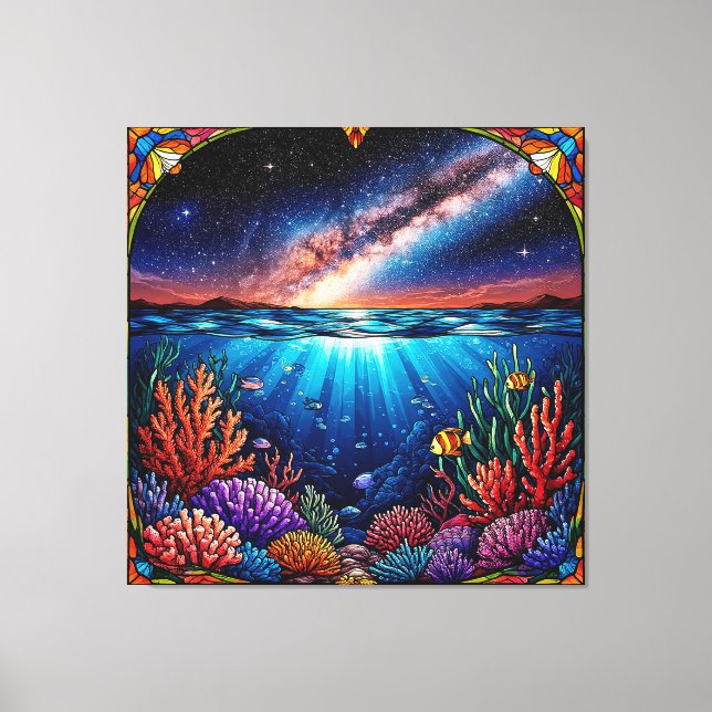 Lienzo Corales submarinos con cielo estrellado encima (Anverso)