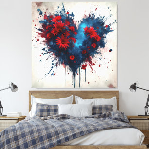 Lienzo Corazón azul en llamas con flores rojas