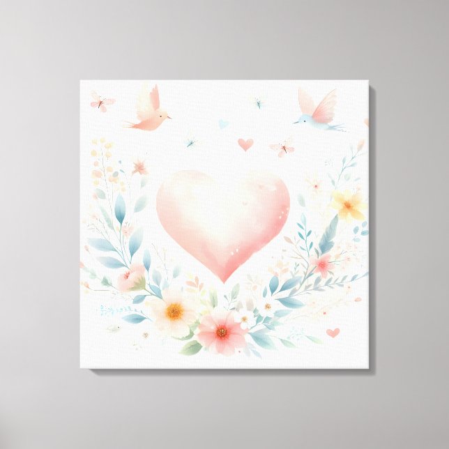 Lienzo Corazón de acuarela suave amor flores pájaros (Anverso)